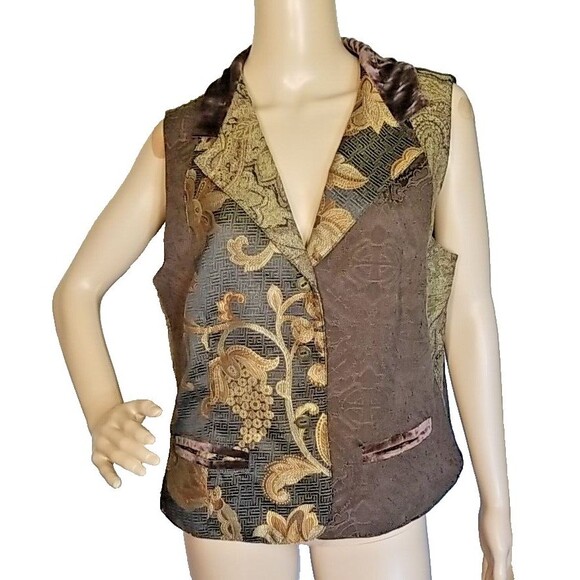 VTG Chico's Brown Tapestry Button Down Vest Size 2 Large Velvet Collar       T48 - Picture 1 of 7